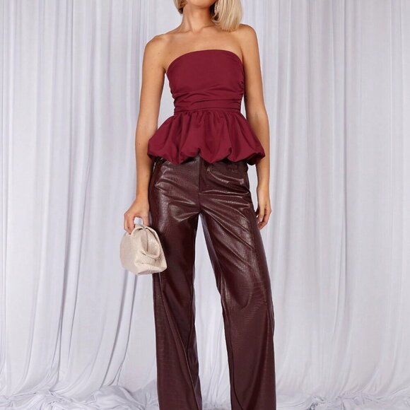 Burgundy Casual Womens tube top ruffled hem Top - Picture 6 of 7